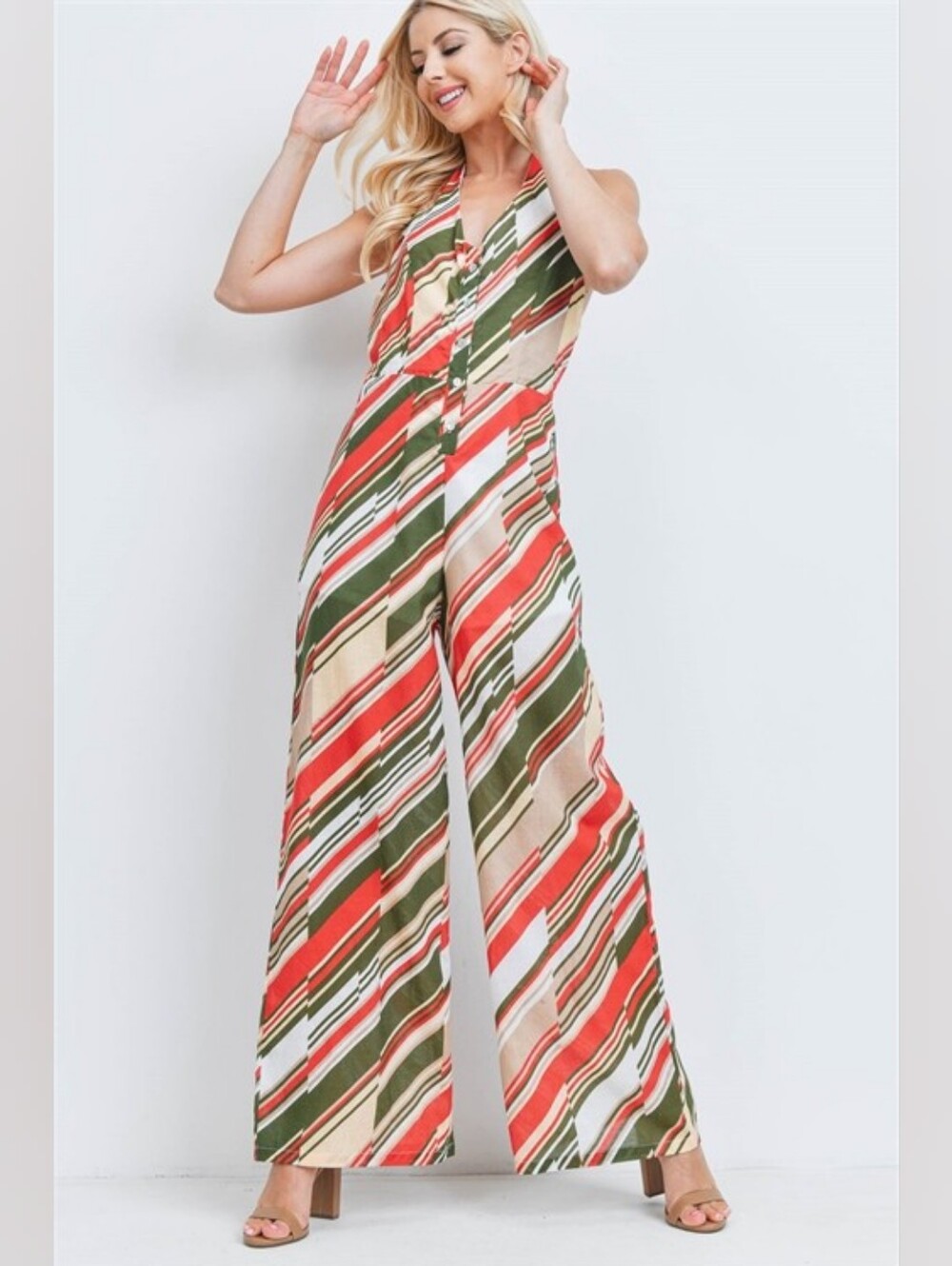 PEACH LOVE CALIFORNIA Striped Halter Palazzo Pants Jumpsuit in Olive & Rust - Picture 6 of 11